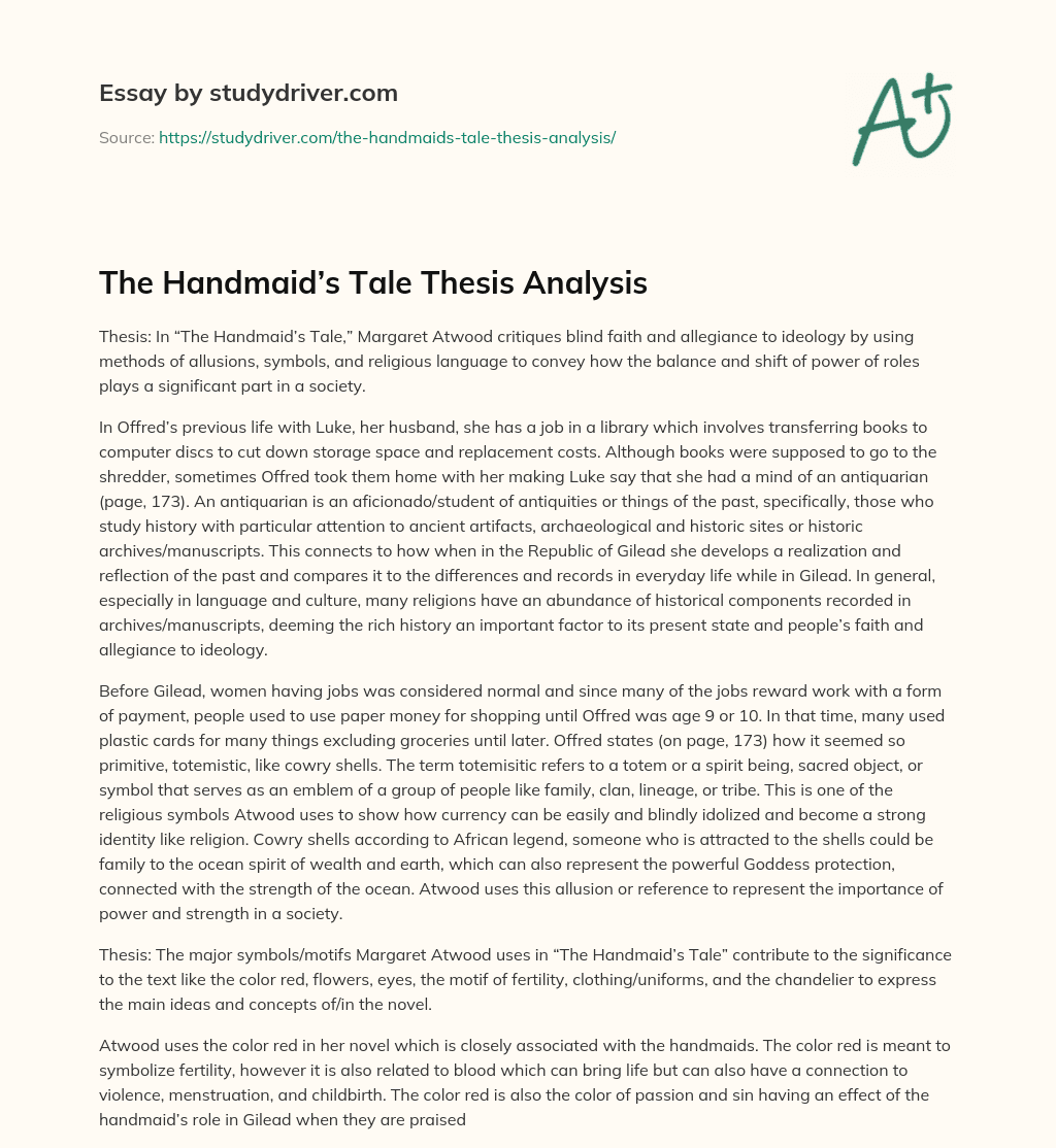 The Handmaid’s Tale Thesis Analysis essay