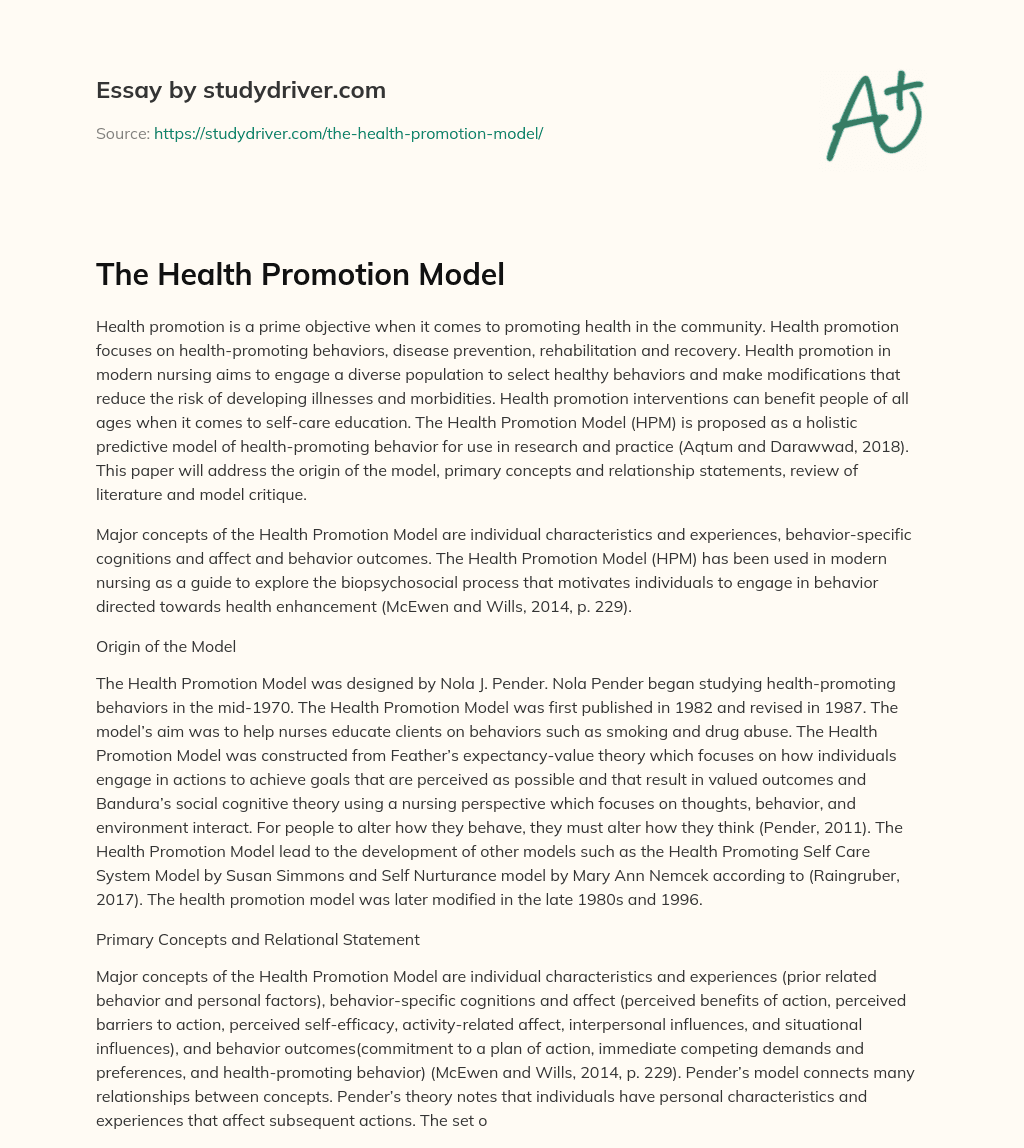 The Health Promotion Model essay