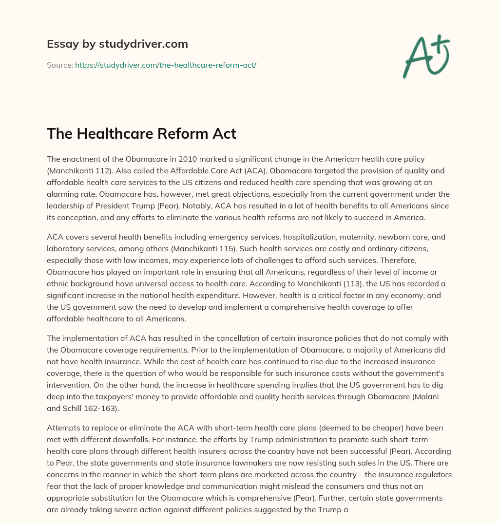 The Healthcare Reform Act essay