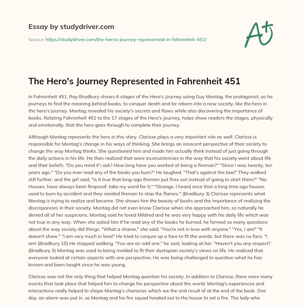 The Hero’s Journey Represented in Fahrenheit 451 essay