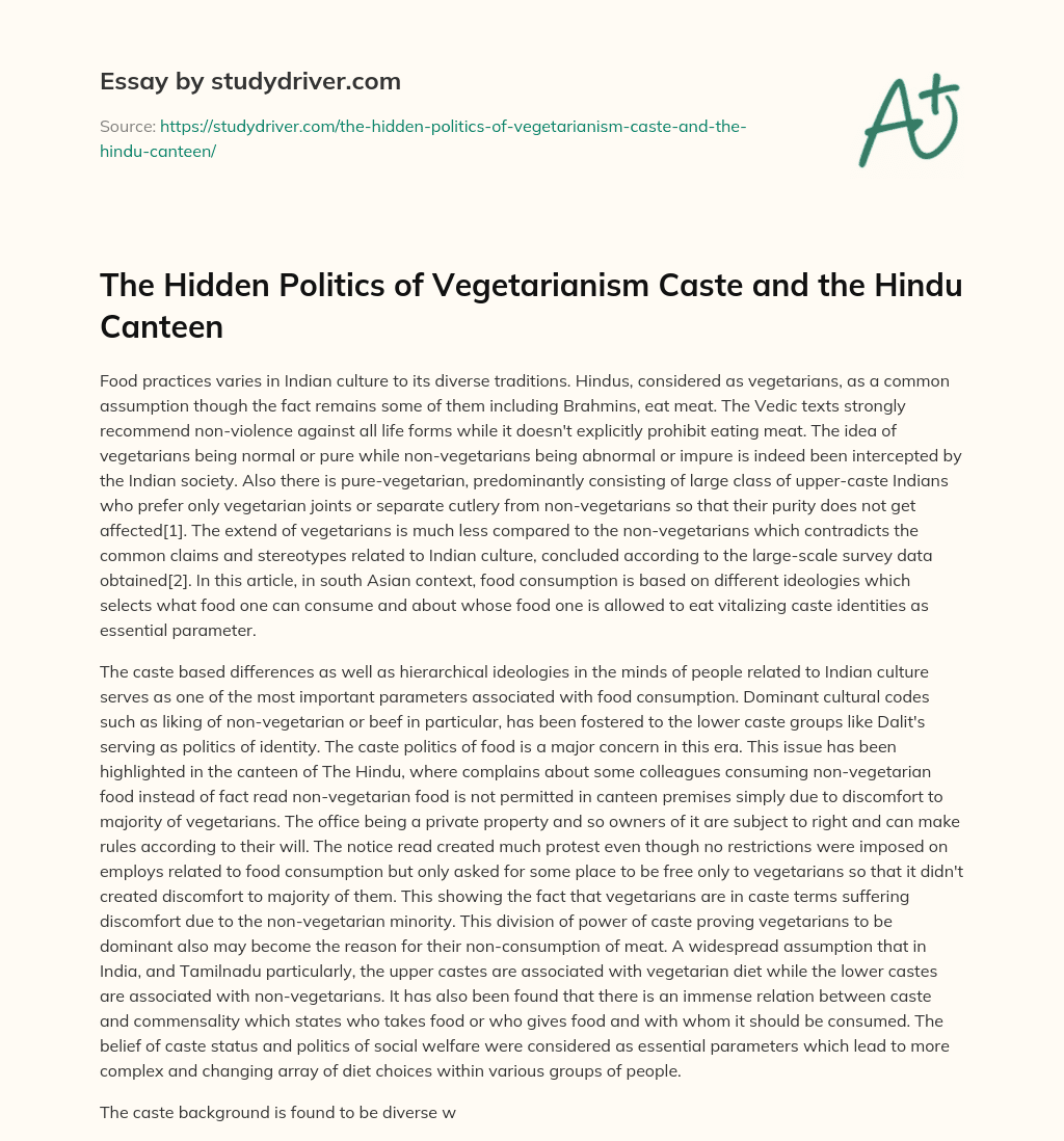 The Hidden Politics of Vegetarianism Caste and the Hindu Canteen essay