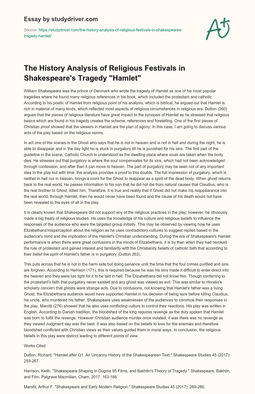 The History Analysis of Religious Festivals in Shakespeare’s Tragedy “Hamlet” essay