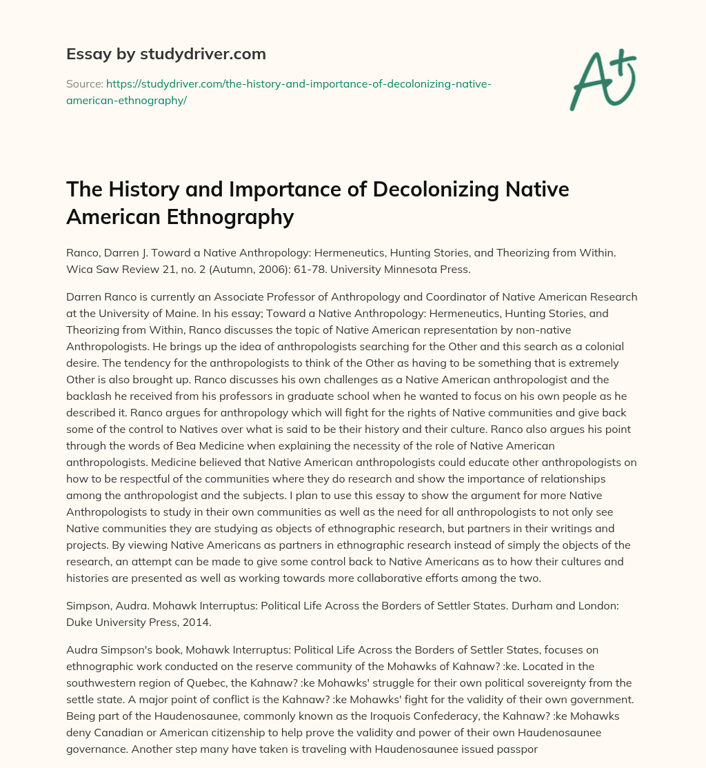 The History and Importance of Decolonizing Native American Ethnography essay