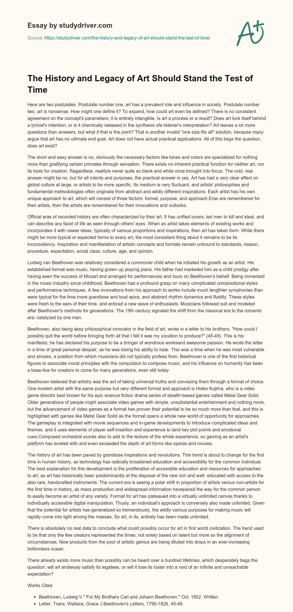 The History and Legacy of Art should Stand the Test of Time essay