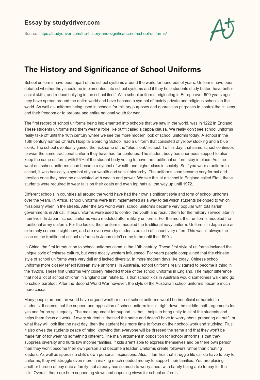 The History and Significance of School Uniforms essay