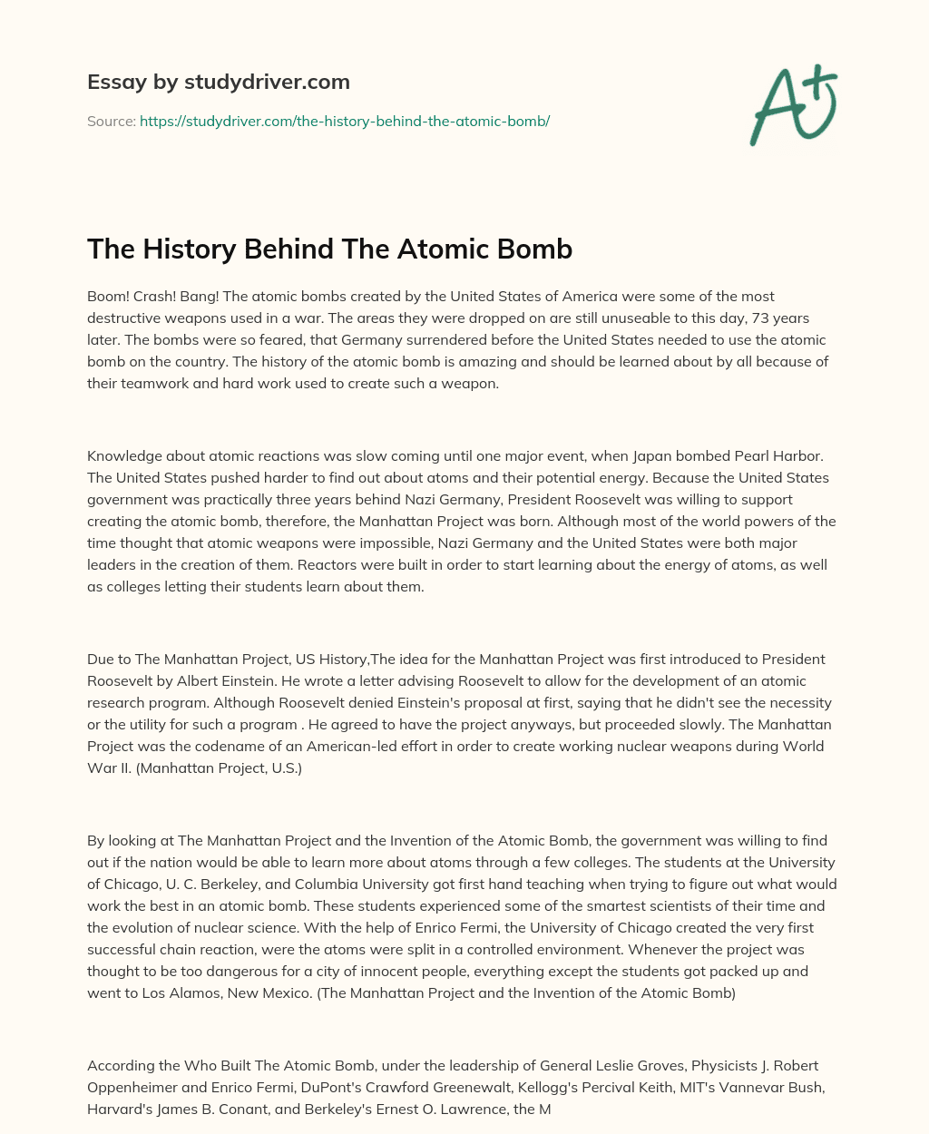 The History Behind the Atomic Bomb essay