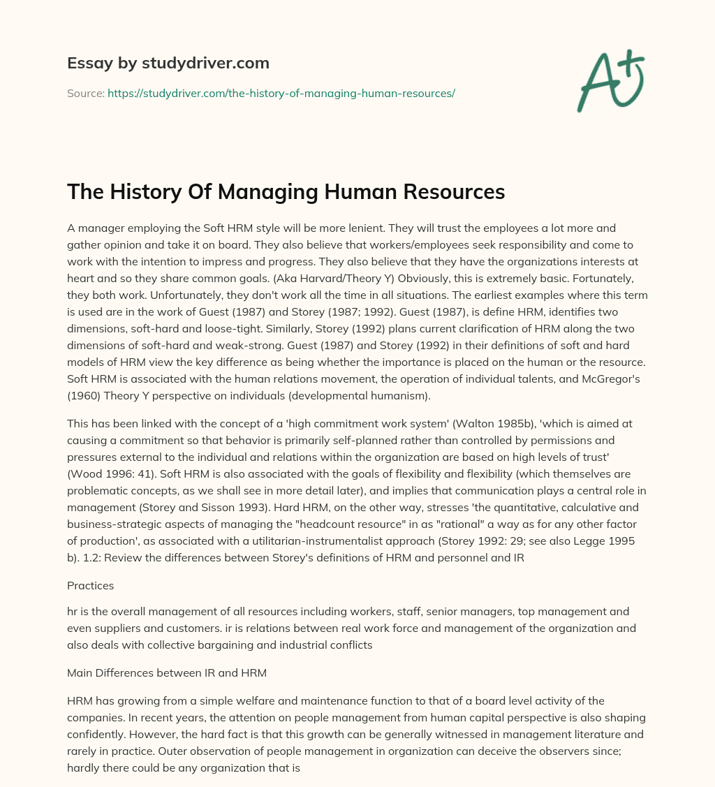 The History of Managing Human Resources essay