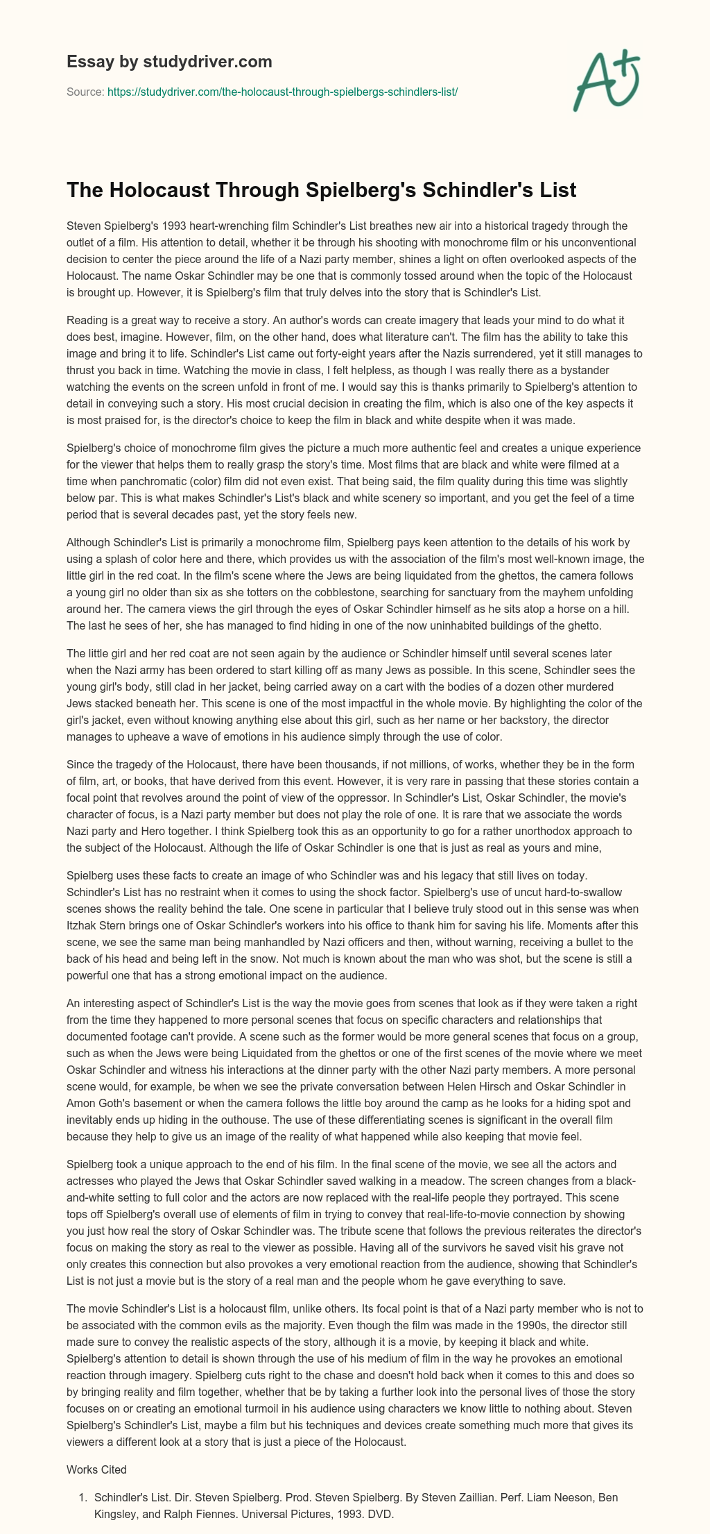 The Holocaust through Spielberg’s Schindler’s List essay