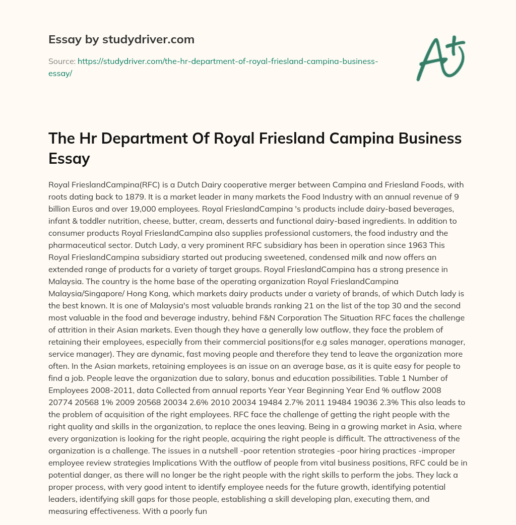 The Hr Department of Royal Friesland Campina Business Essay essay