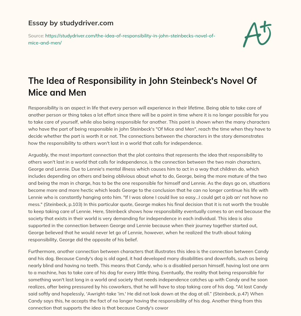 The Idea of Responsibility in John Steinbeck’s Novel of Mice and Men essay