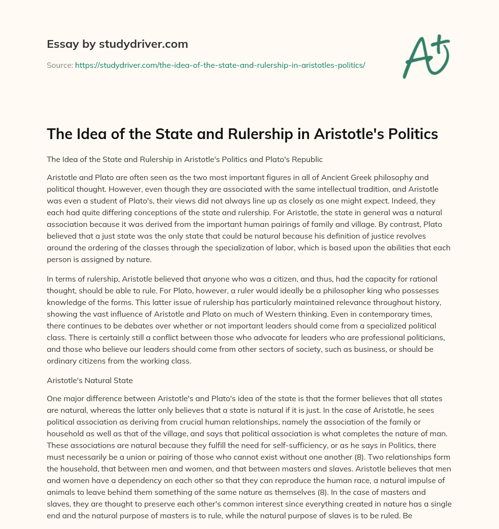 The Idea of the State and Rulership in Aristotle’s Politics essay