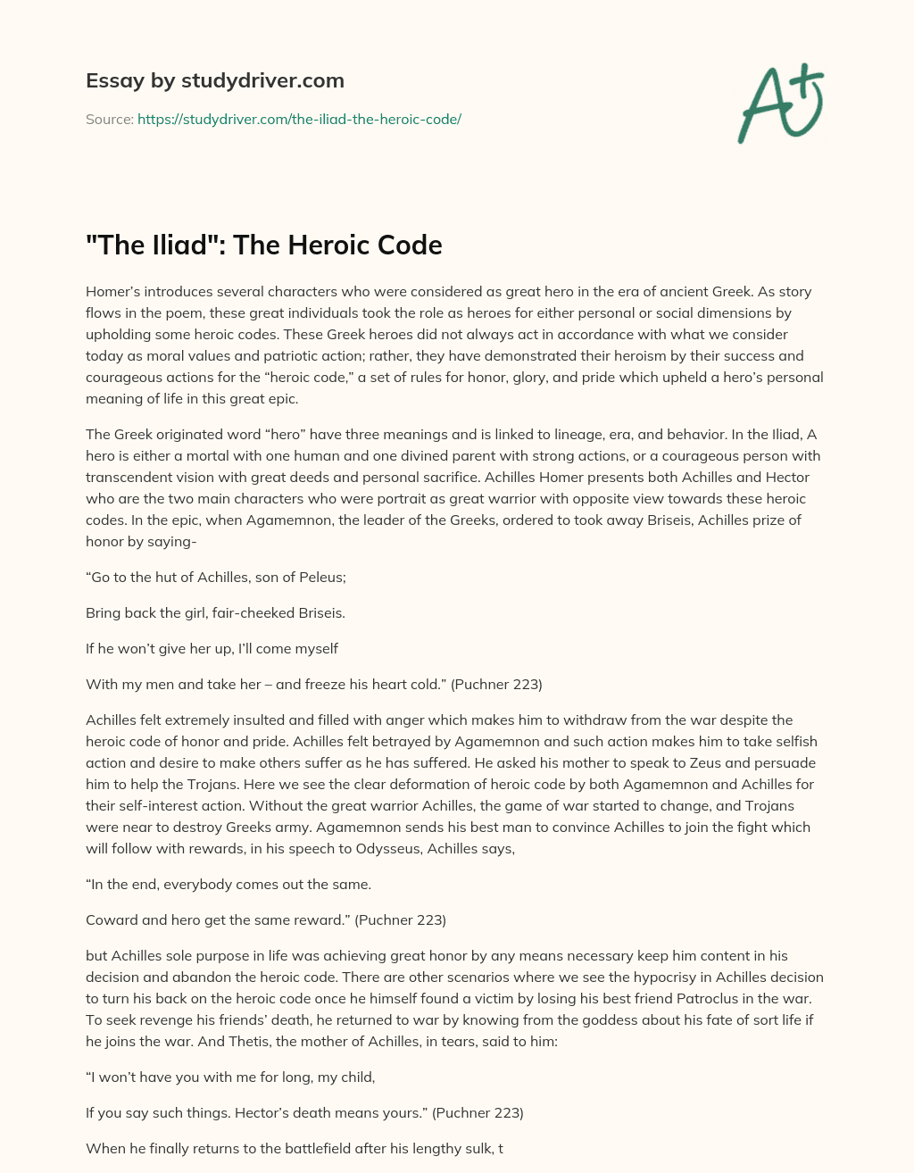 “The Iliad”:  the Heroic Code essay