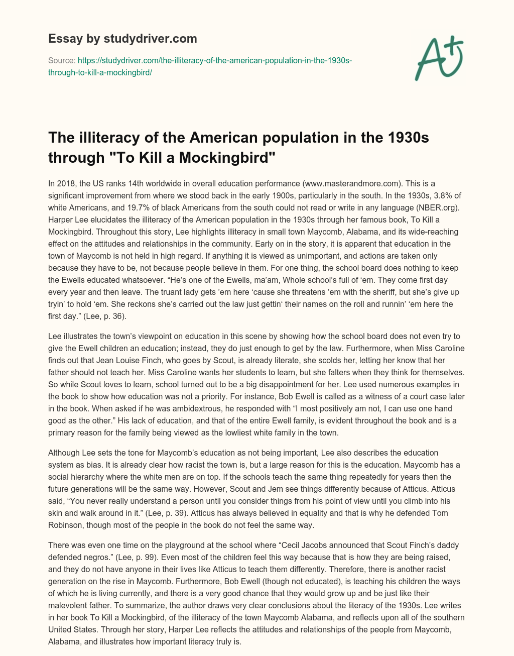 The Illiteracy of the American Population in the 1930s through “To Kill a Mockingbird” essay