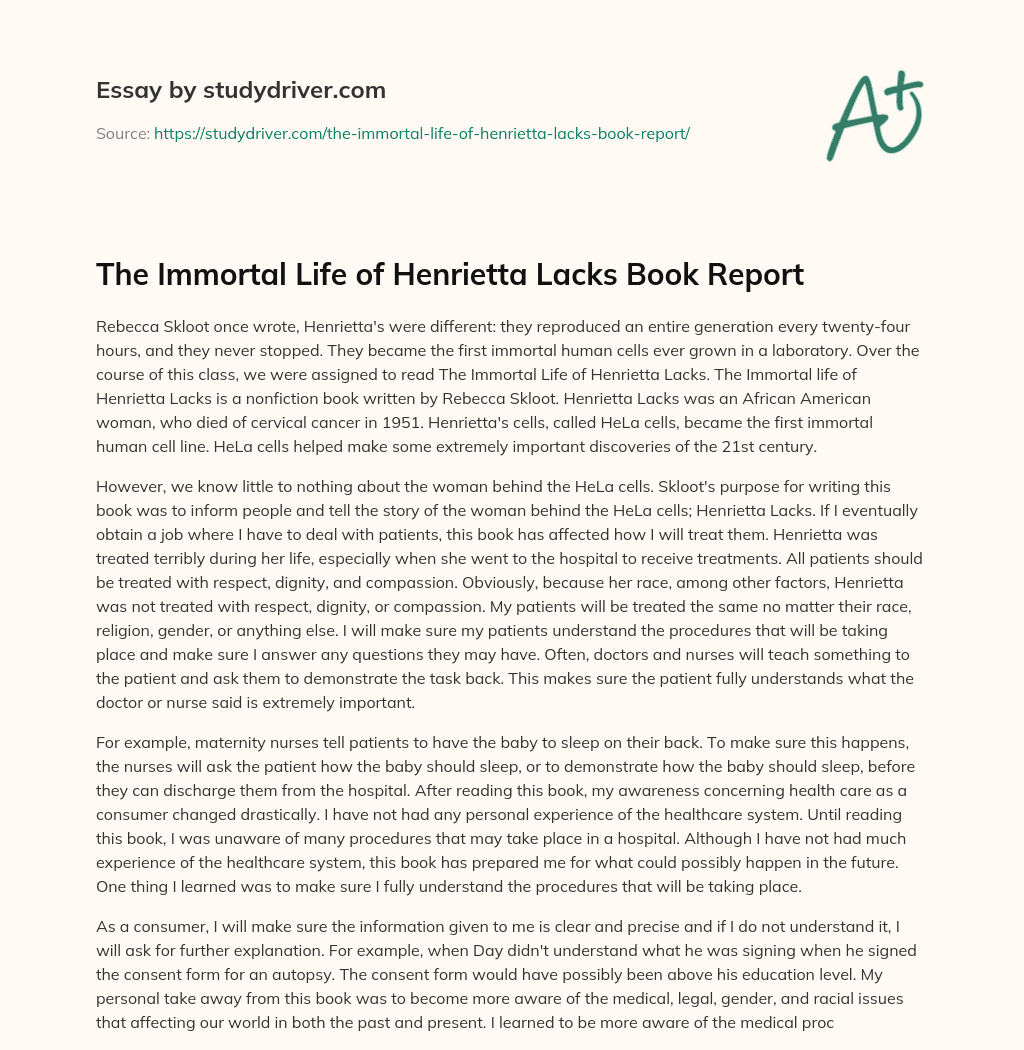 The Immortal Life of Henrietta Lacks Book Report essay
