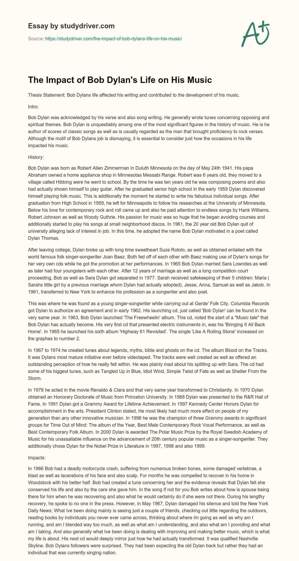 The Impact of Bob Dylan’s Life on his Music essay