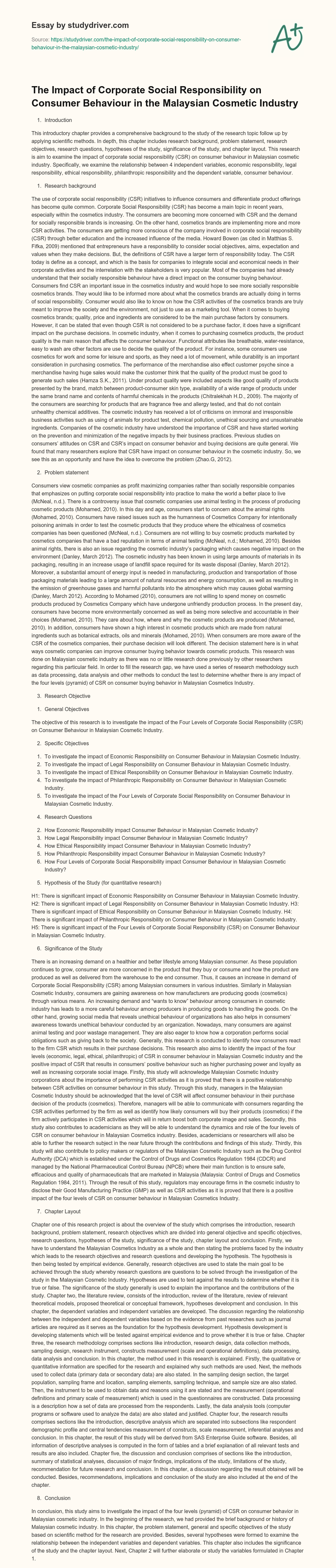 The Impact of Corporate Social Responsibility on Consumer Behaviour in the Malaysian Cosmetic Industry essay