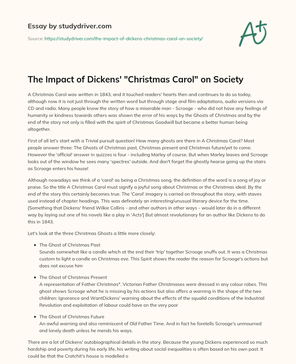 The Impact of Dickens’ “Christmas Carol” on Society essay