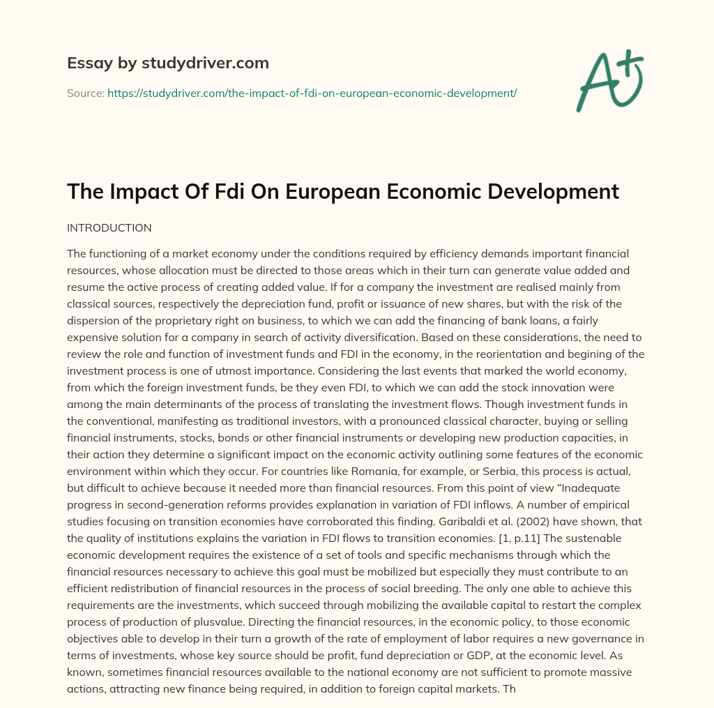 The Impact of Fdi on European Economic Development essay