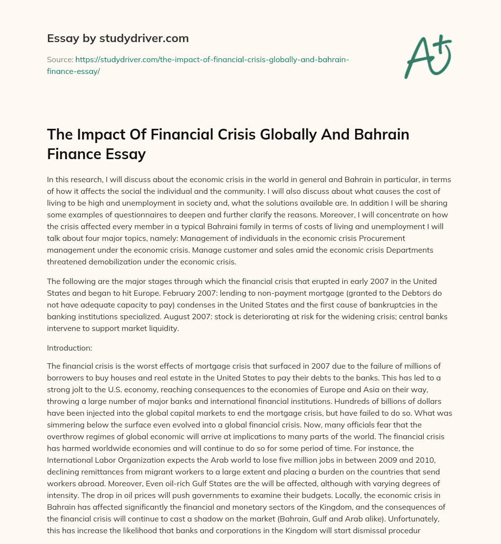 The Impact of Financial Crisis Globally and Bahrain Finance Essay essay