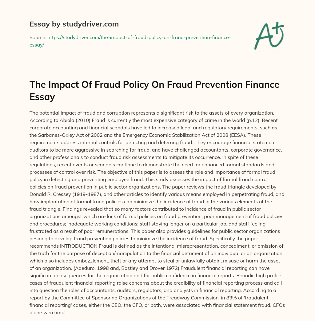 The Impact of Fraud Policy on Fraud Prevention Finance Essay essay