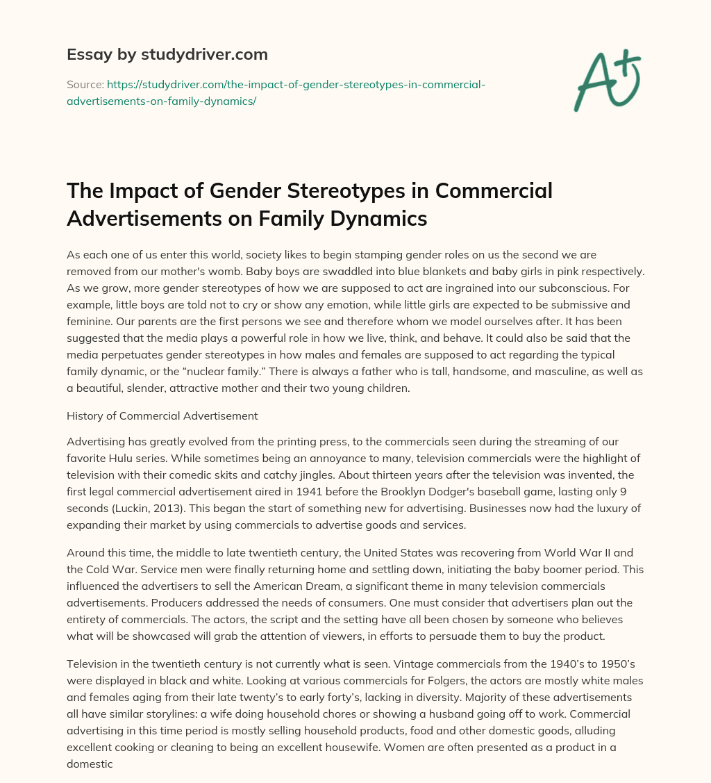 The Impact of Gender Stereotypes in Commercial Advertisements on Family Dynamics essay