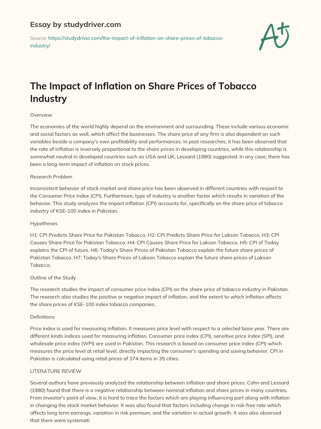 The Impact of Inflation on Share Prices of Tobacco Industry essay