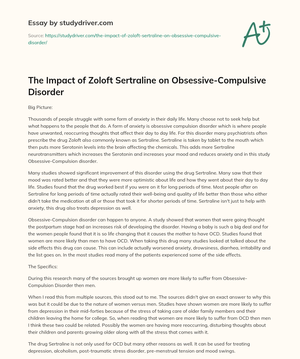 The Impact of Zoloft Sertraline on Obsessive-Compulsive Disorder essay