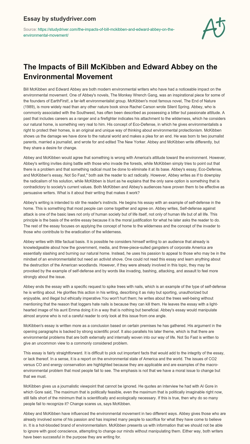 The Impacts of Bill McKibben and Edward Abbey on the Environmental Movement essay