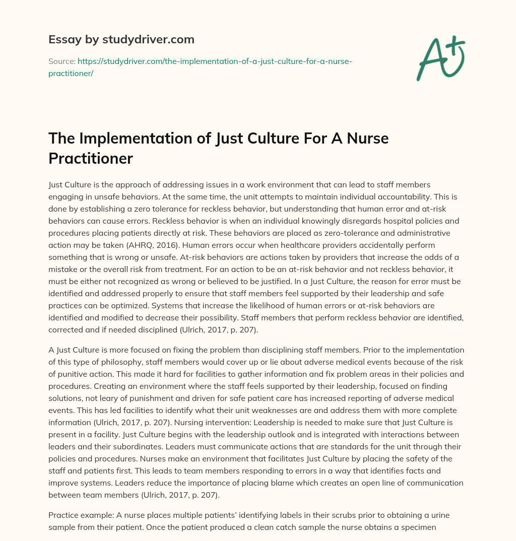 The Implementation of Just Culture for a Nurse Practitioner essay