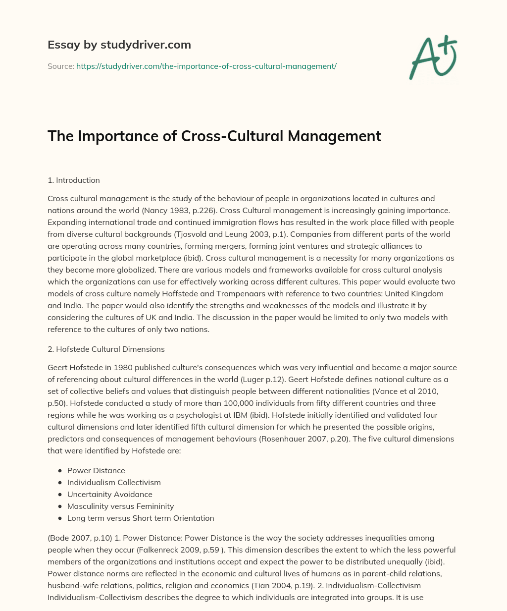 The Importance of Cross-Cultural Management essay