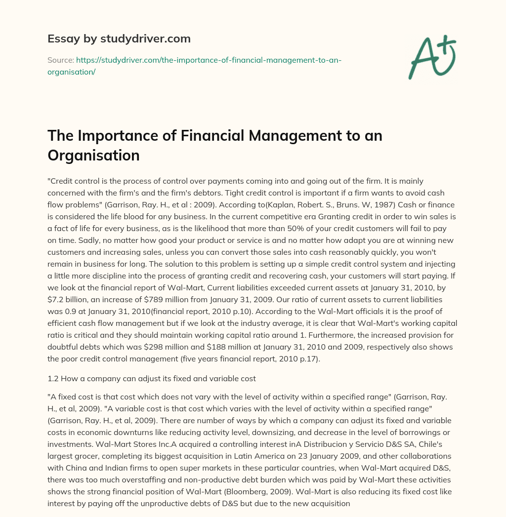 The Importance of Financial Management to an Organisation essay