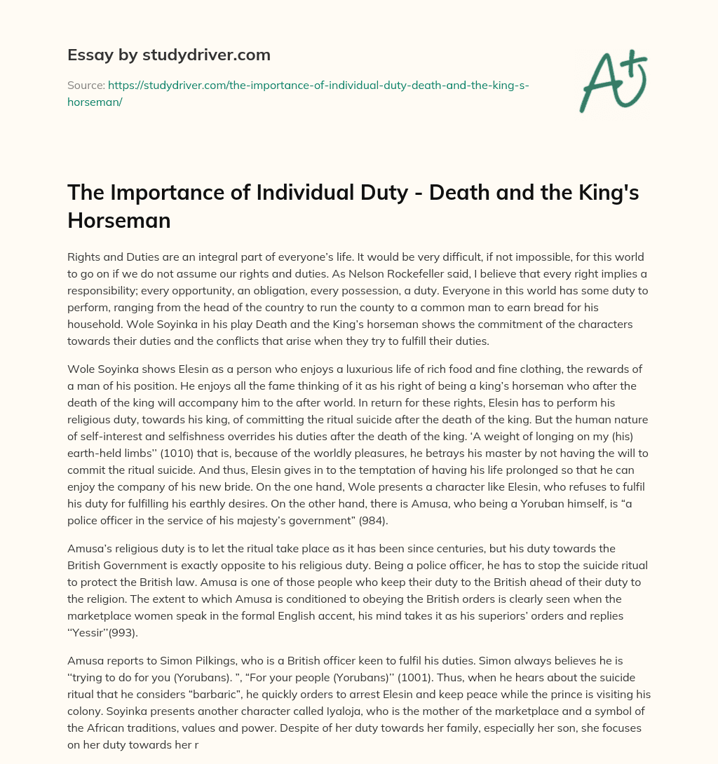 The Importance of Individual Duty – Death and the King’s Horseman essay