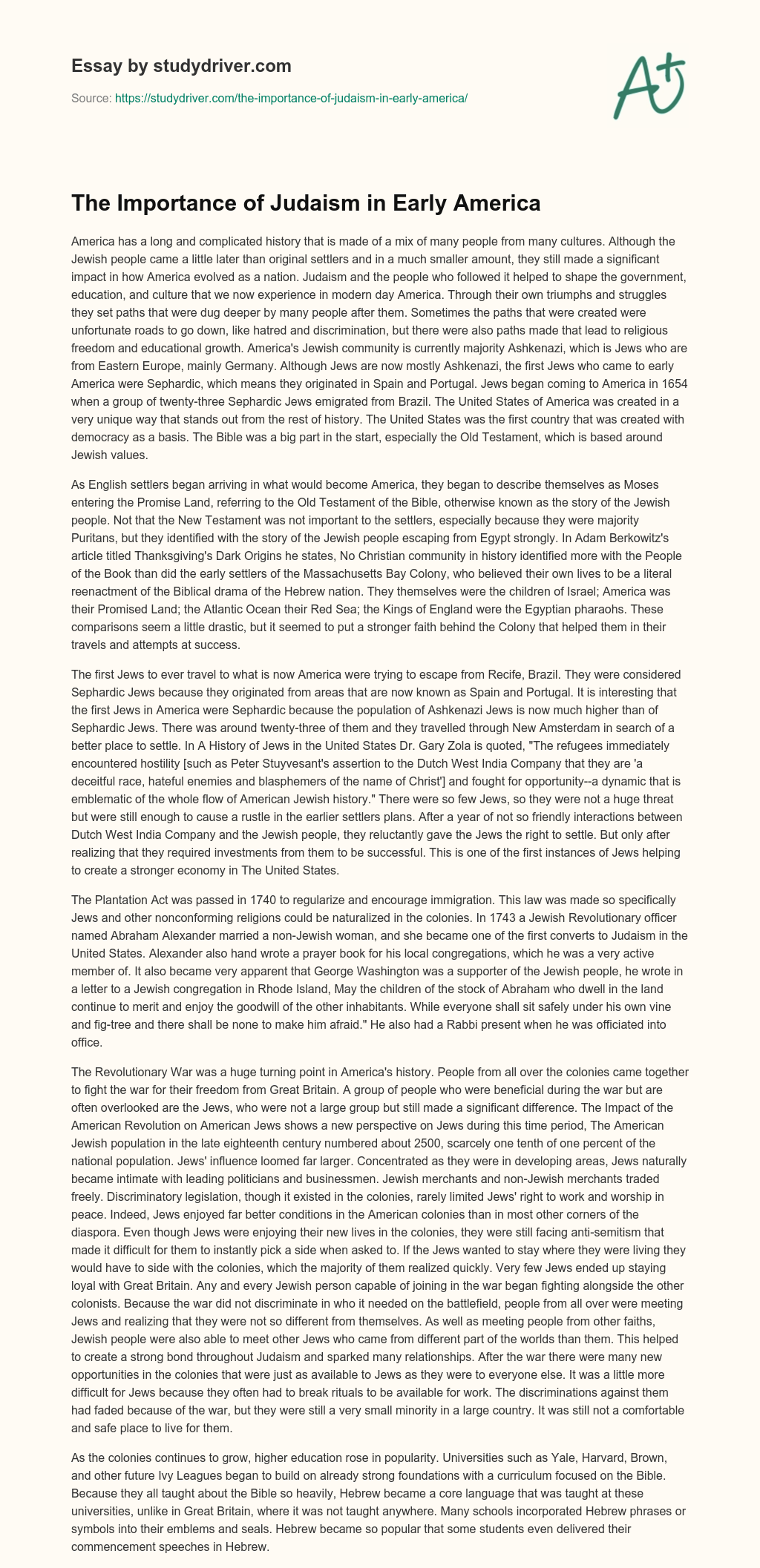 The Importance of Judaism in Early America essay