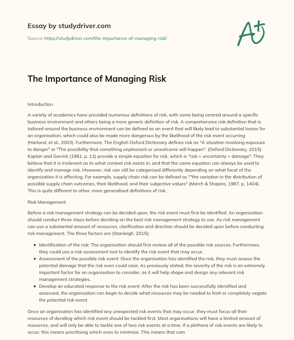 The Importance of Managing Risk essay