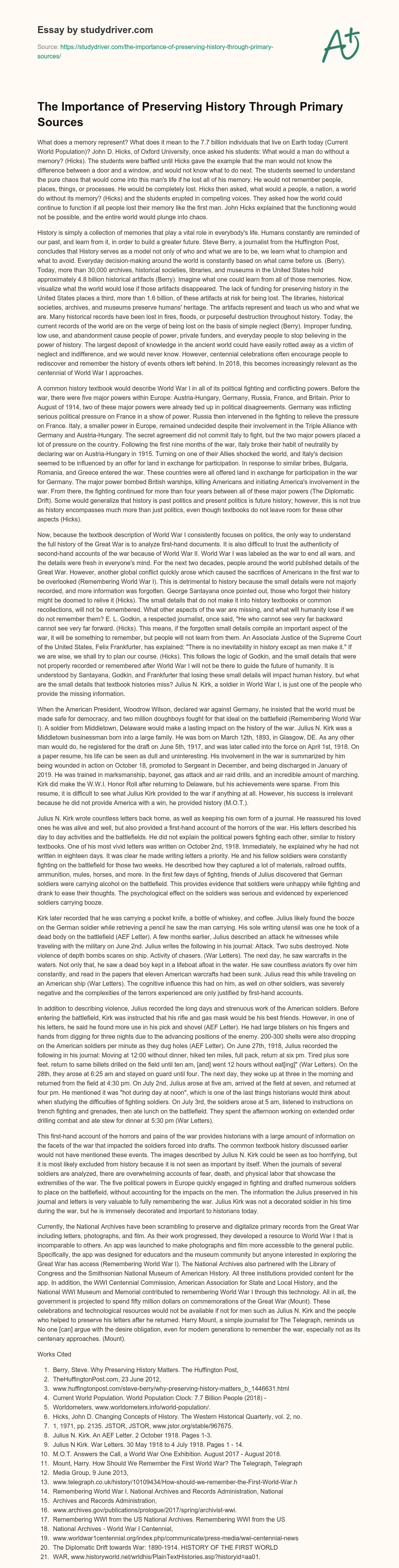 The Importance of Preserving History through Primary Sources essay