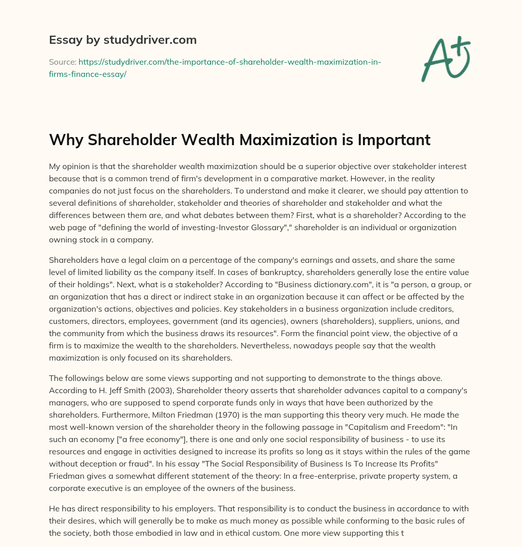 Why Shareholder Wealth Maximization is Important essay