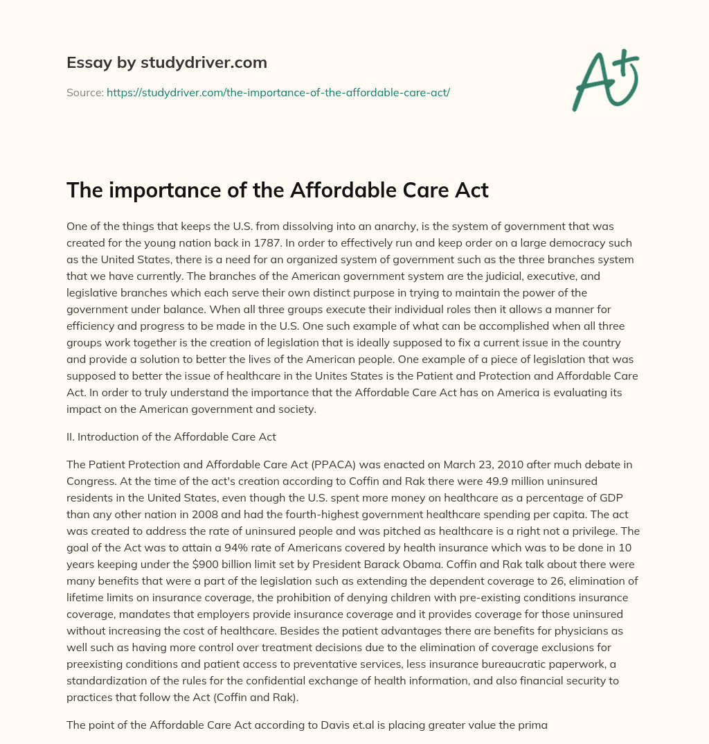 The Importance of the Affordable Care Act essay