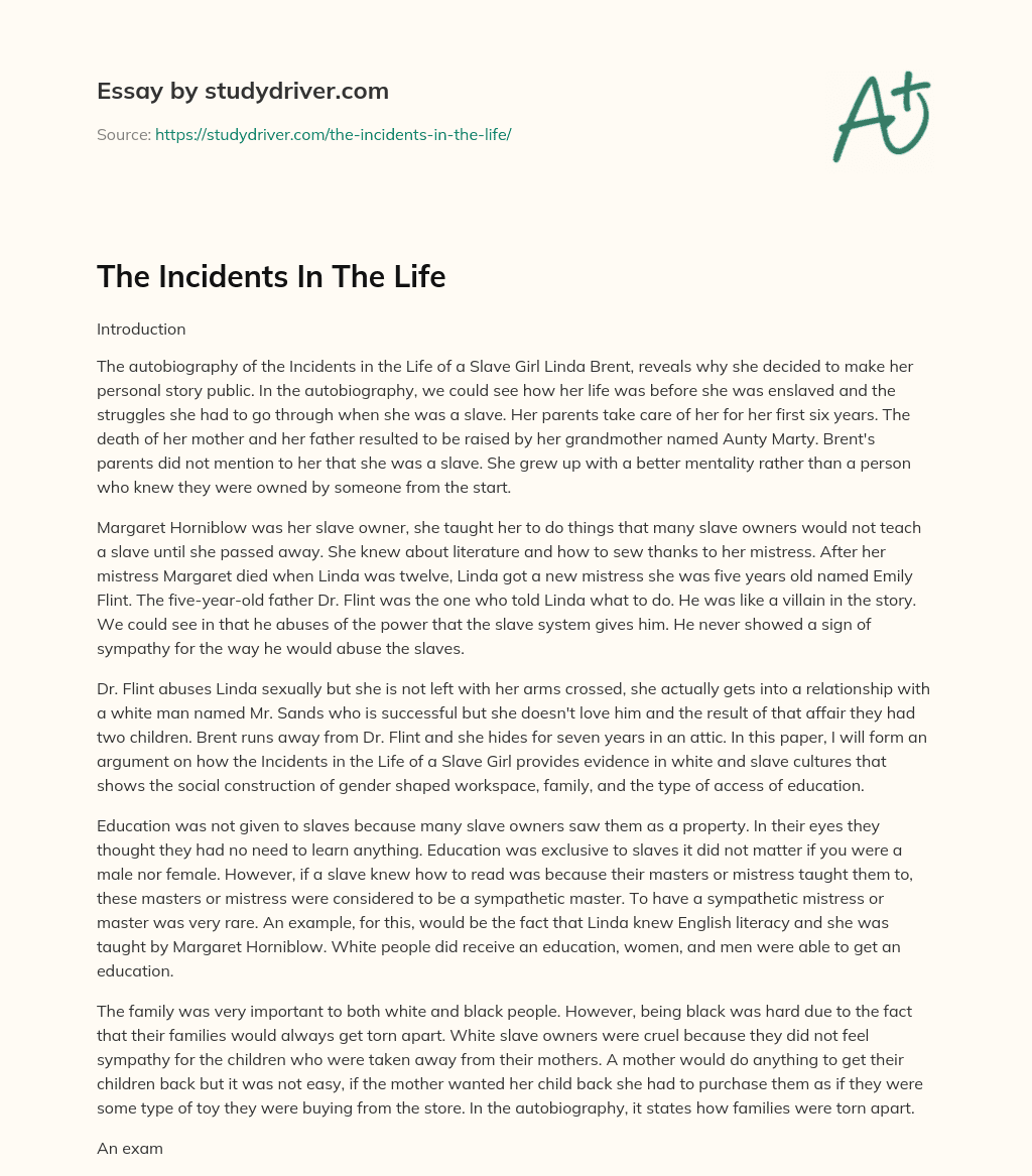 The Incidents in the Life essay