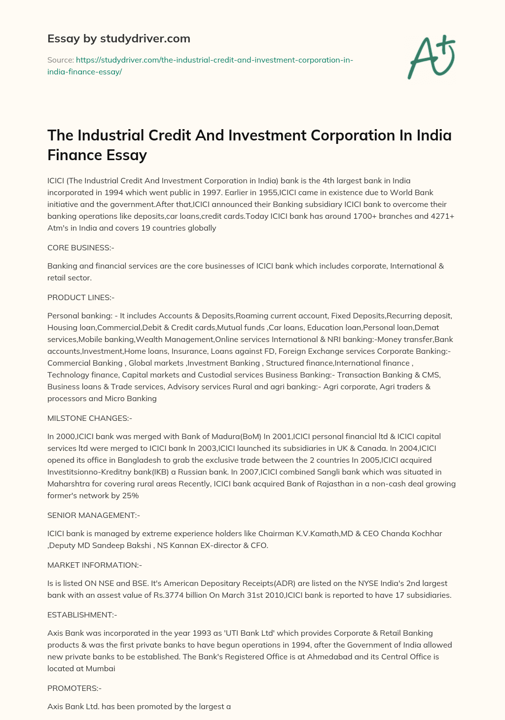 The Industrial Credit and Investment Corporation in India Finance Essay essay