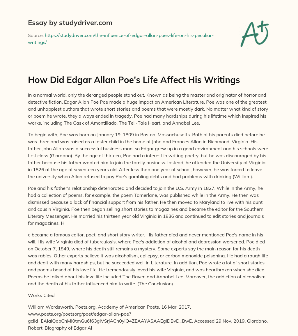 How did Edgar Allan Poe’s Life Affect his Writings essay