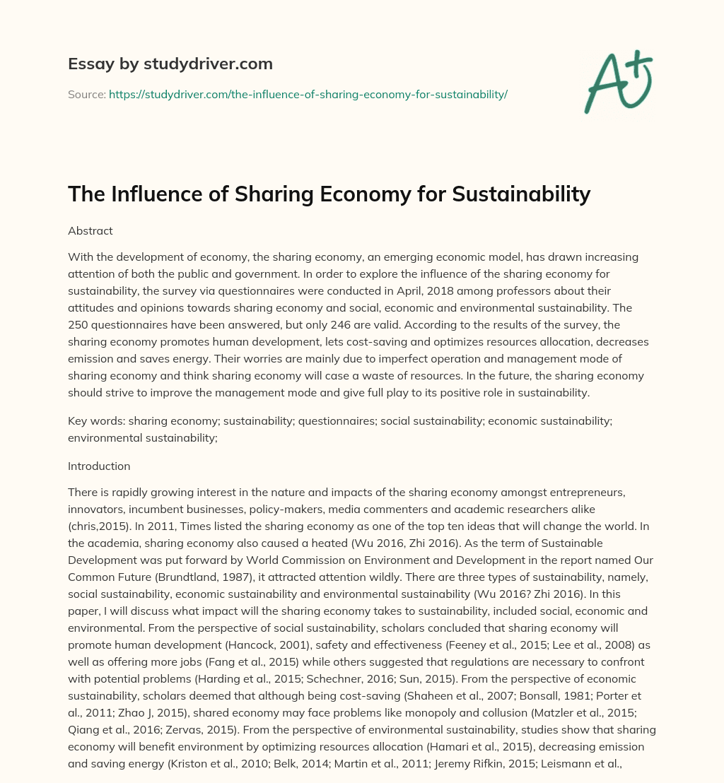 The Influence of Sharing Economy for Sustainability essay