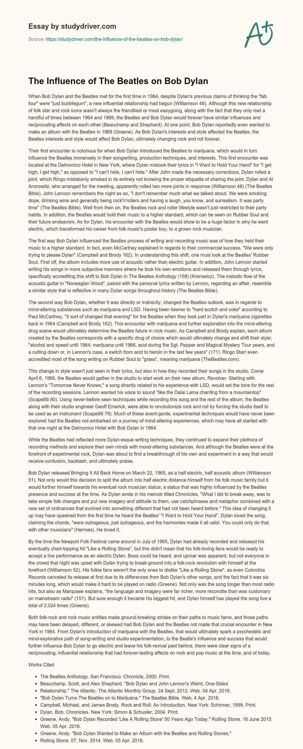 The Influence of the Beatles on Bob Dylan essay