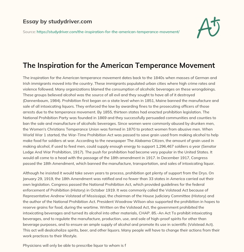 The Inspiration for the American Temperance Movement essay