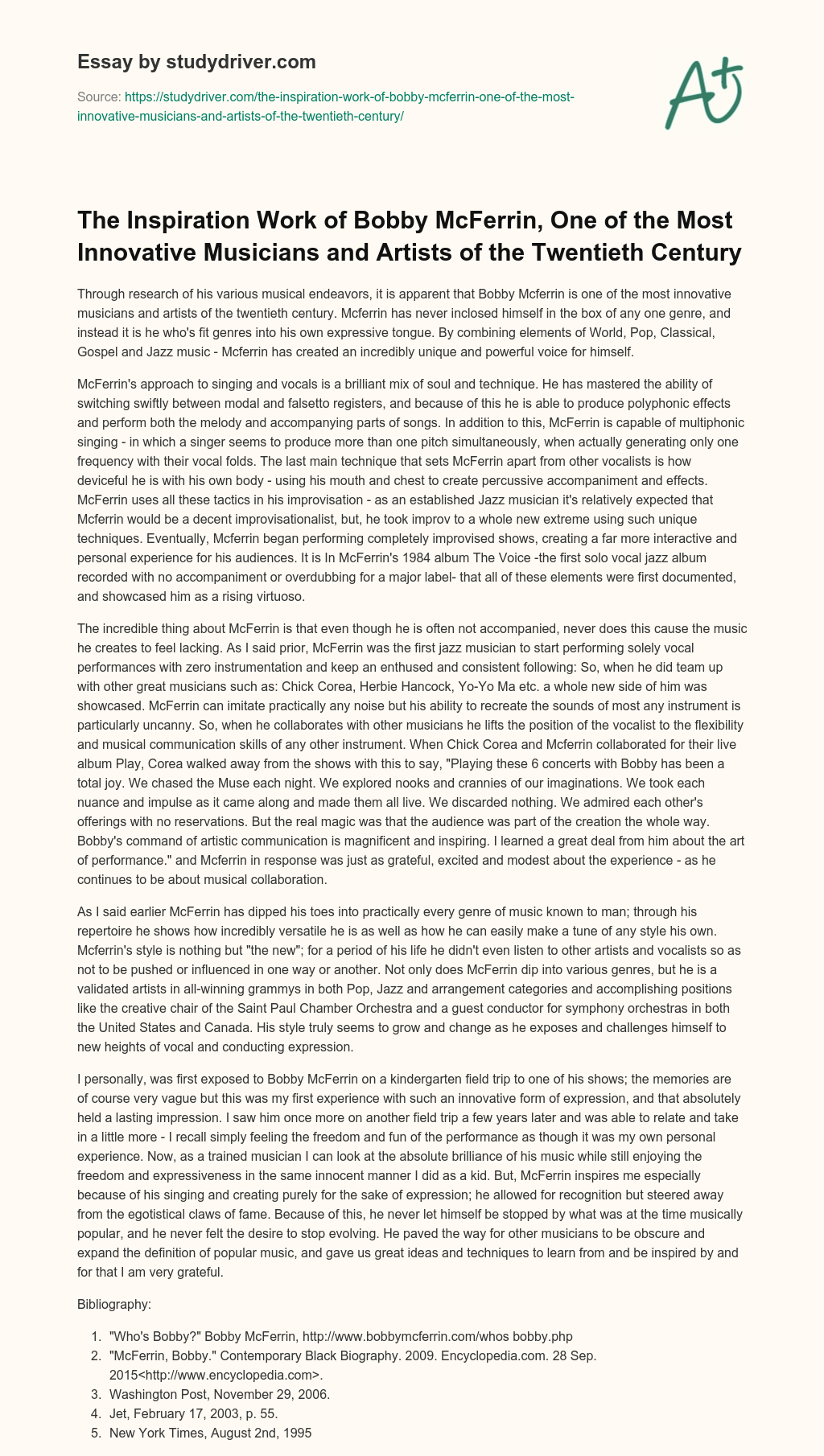 The Inspiration Work of Bobby McFerrin, One of the most Innovative Musicians and Artists of the Twentieth Century essay