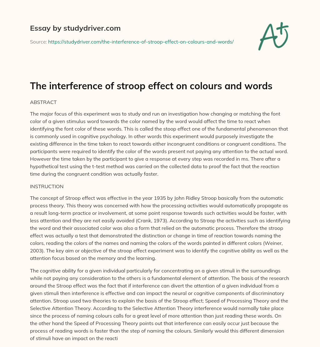 The Interference of Stroop Effect on Colours and Words essay