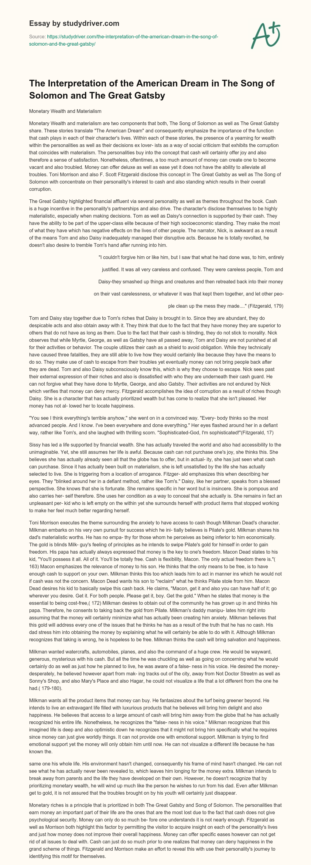 The Interpretation of the American Dream in the Song of Solomon and the Great Gatsby essay