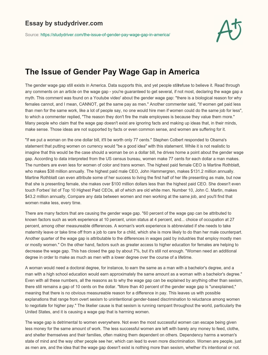 The Issue of Gender Pay Wage Gap in America essay