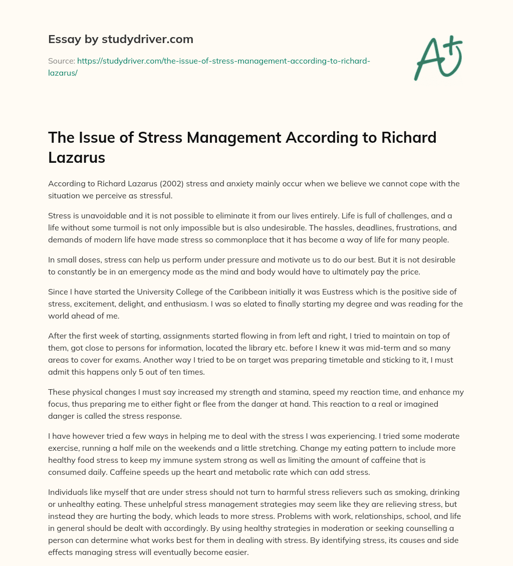 The Issue of Stress Management According to Richard Lazarus essay