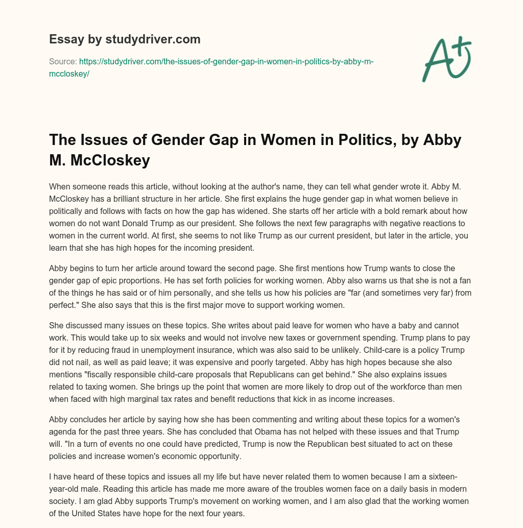 The Issues of Gender Gap in Women in Politics, by Abby M. McCloskey essay