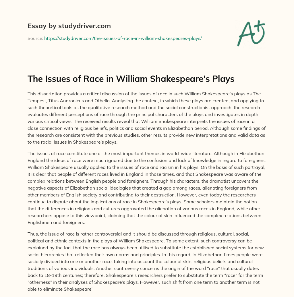 The Issues of Race in William Shakespeare’s Plays essay